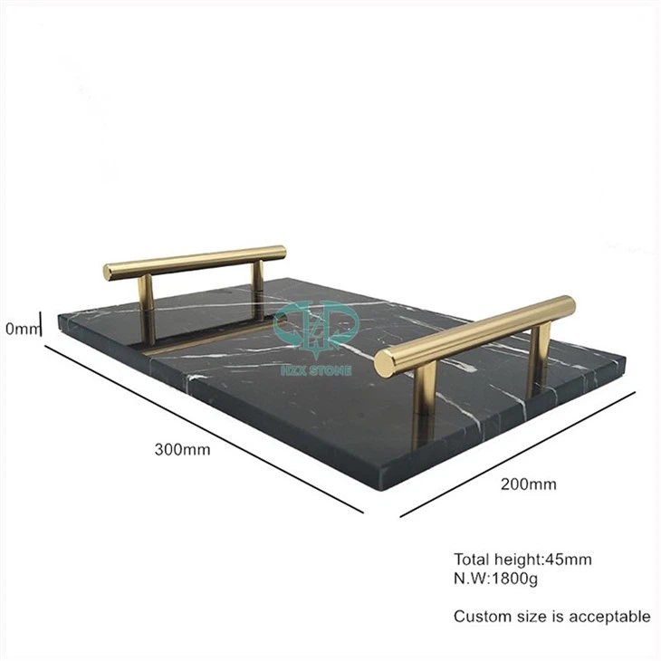 Rectangular Black Marble Tray With Gold Handles